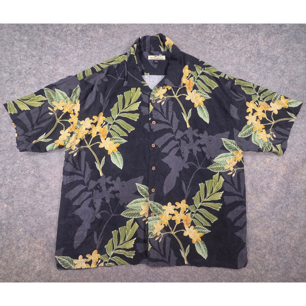 Tommy Bahama Mens XXL Silk Blend Tropical Floral Plumeria Camp Shirt Black